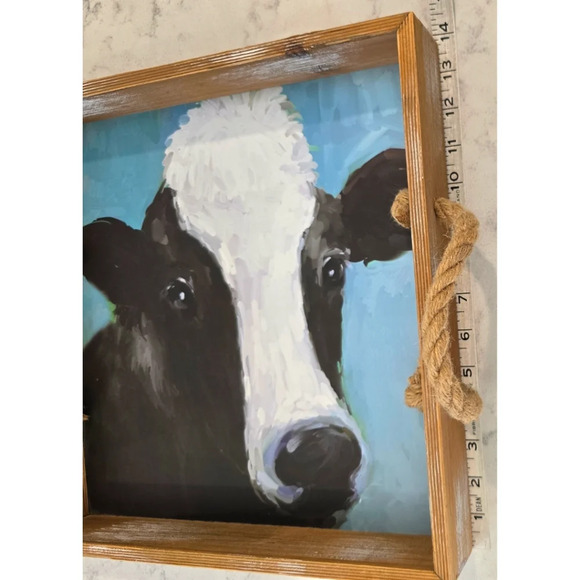 Rustic Farmhouse Cow Tray Distressed Wood Frame Jute Handle Turquoise Ba… - Picture 4 of 6